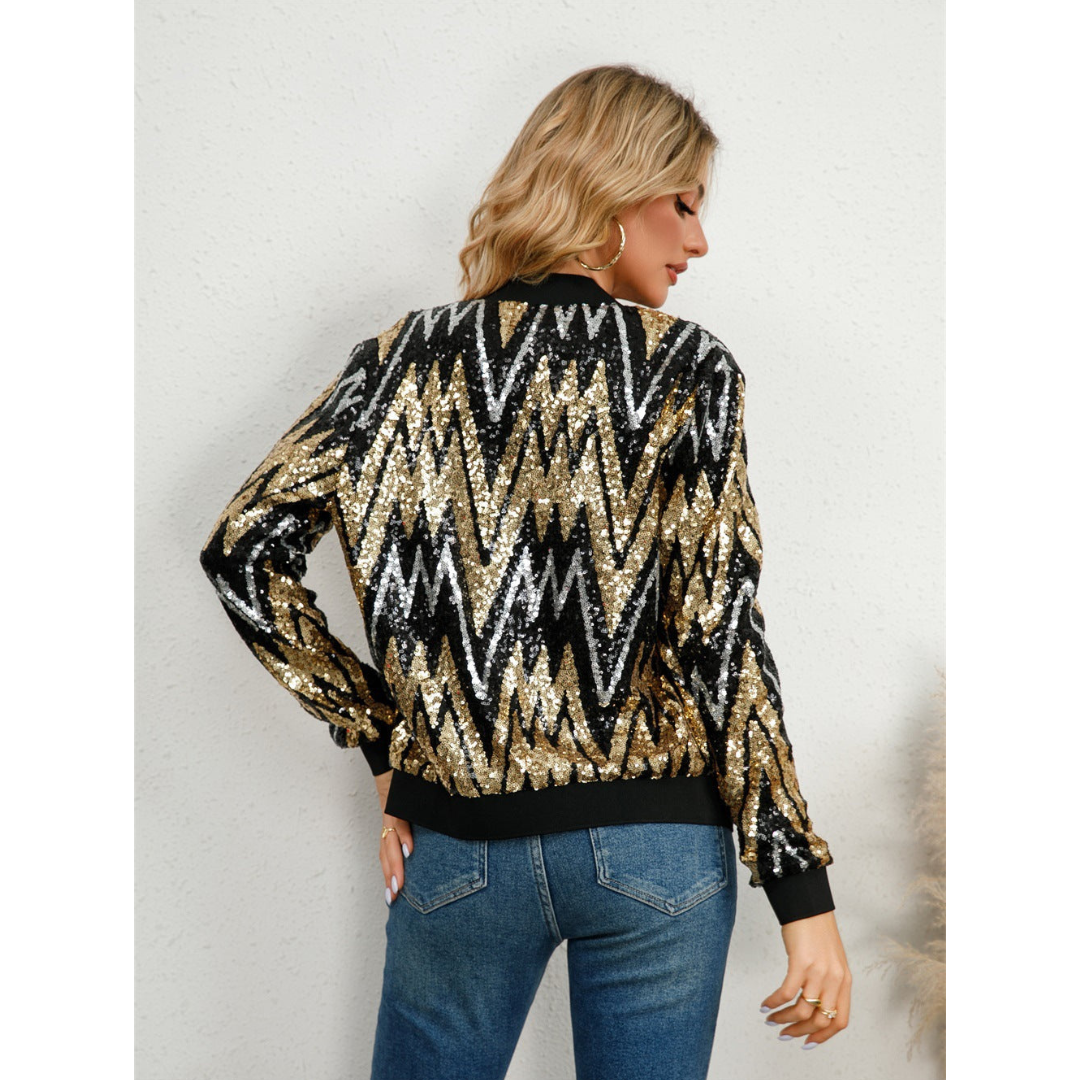 Women’s Bomber Jacket – Sequin Zigzag – Zipper Front – Ribbed Trim – Waist Length