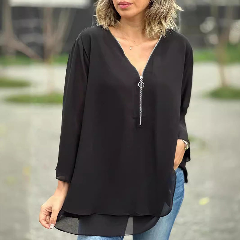 Heidi™ | V-Neck Flowy Zipped Top