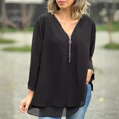 Heidi™ | V-Neck Flowy Zipped Top
