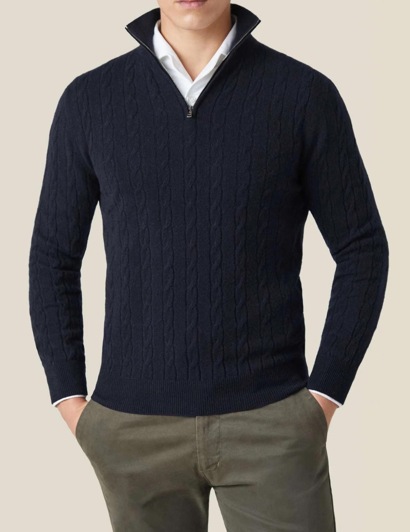 Men’s Sweater – Wool Blend – Cable Knit – Half Zip – Stand Collar – Regular Fit