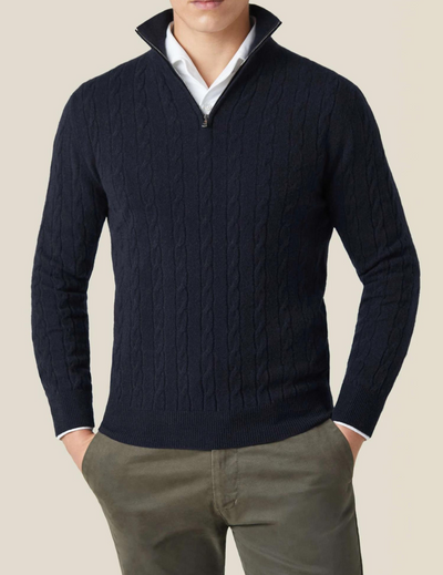 Men’s Sweater – Wool Blend – Cable Knit – Half Zip – Stand Collar – Regular Fit