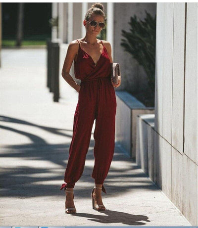 Women’s Jumpsuit – Relaxed Fit – Spaghetti Straps – High Slit – Cotton Blend – Printed