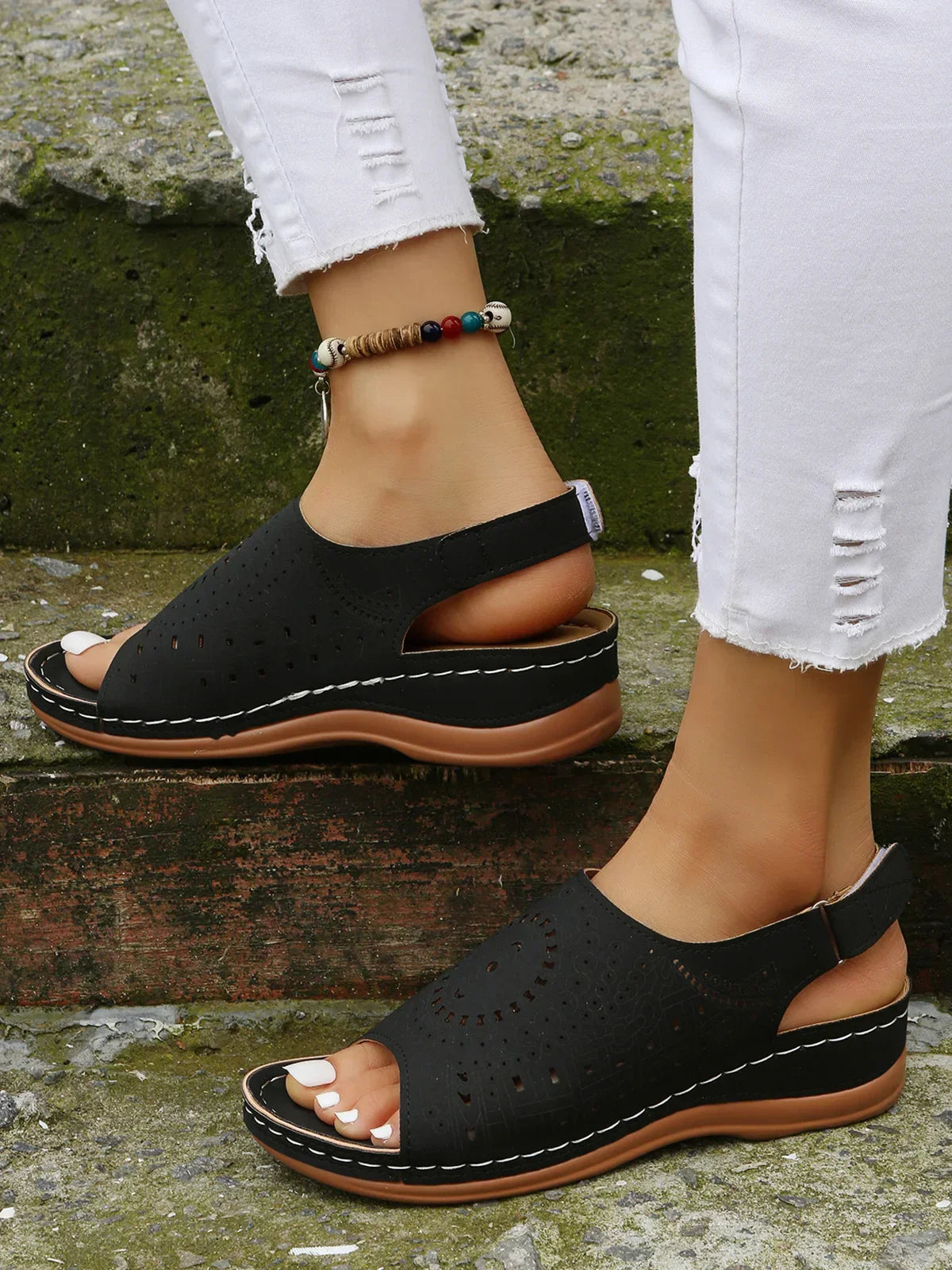 Avencea | Retro Sandal with Ethnic Pattern, Cutout and Hollow Design, Velcro Closure
