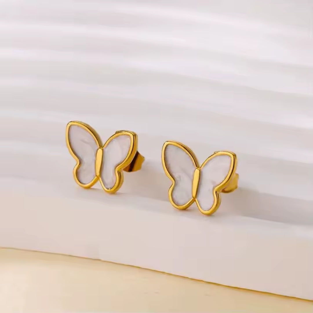White Enamel Butterfly Gold Earrings