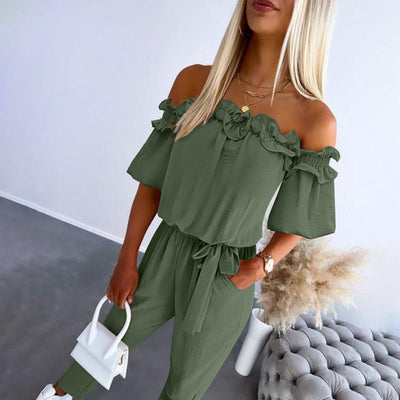 Emerald | Chic Off Shoulder Frill Tie-Waist Jumpsuit