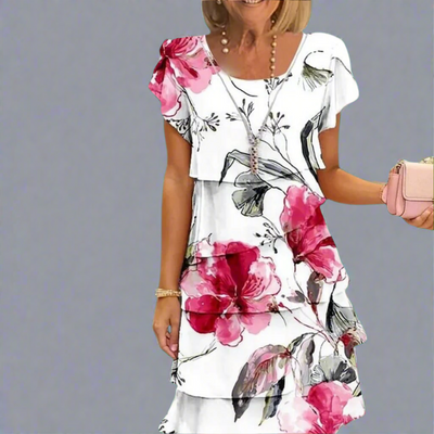 Sable - Round neck dress with floral print, ruffles and pleats