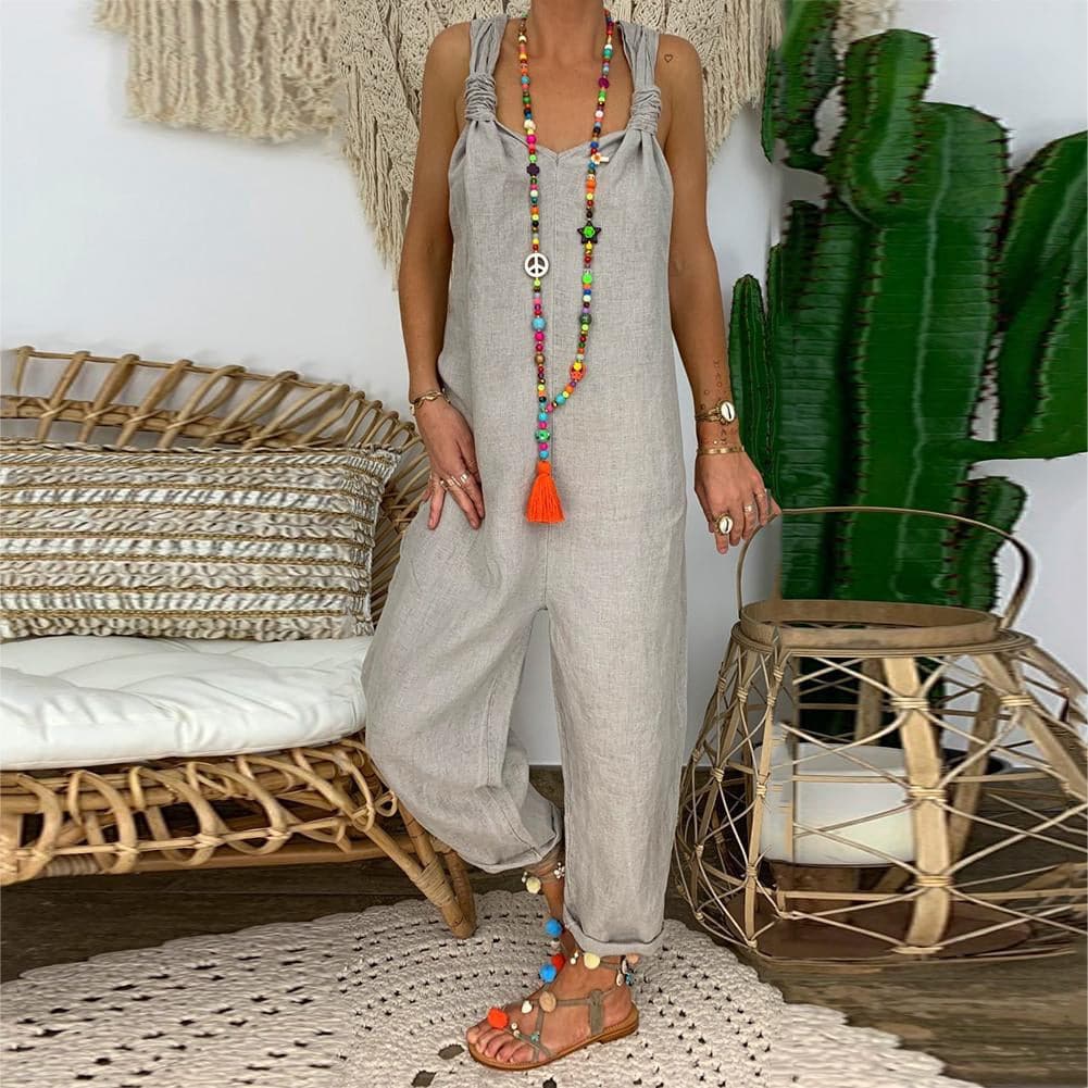 Women’s Jumpsuit – Relaxed Fit – Breathable Blend – Knotted Straps – Open Back