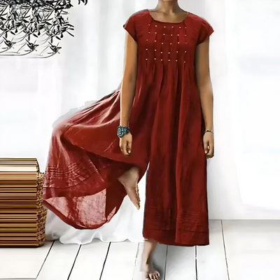 Women’s Jumpsuit – Relaxed Fit – Wide Leg – Cotton Blend – Short Sleeve – Pleated Neckline