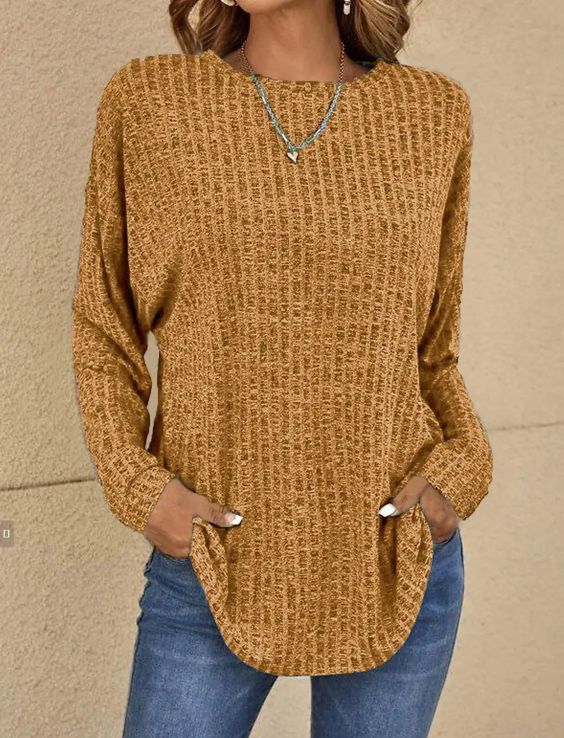 Women’s Pullover Sweatshirt – Relaxed Fit – Soft Knitted – Ribbed Texture – Long Sleeve