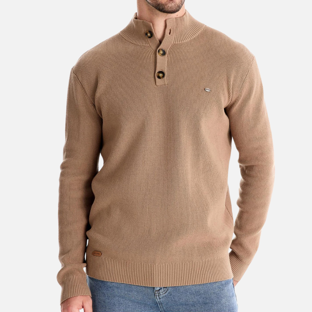 Men’s Turtleneck Sweater – Wool Blend Knit – Slim Fit – Ribbed with Button Placket