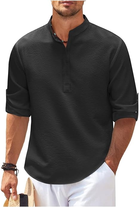 Men’s Casual Shirt – Relaxed Fit – Band Collar – Lightweight Cotton – Buttoned Cuffs
