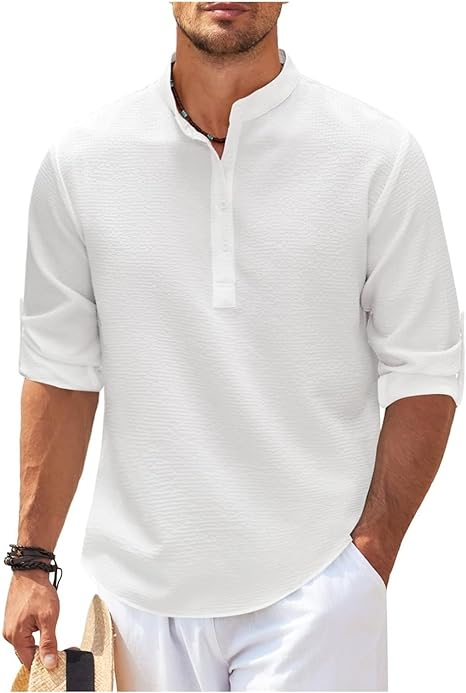 Men’s Casual Shirt – Relaxed Fit – Band Collar – Lightweight Cotton – Buttoned Cuffs