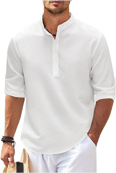 Men’s Casual Shirt – Relaxed Fit – Band Collar – Lightweight Cotton – Buttoned Cuffs