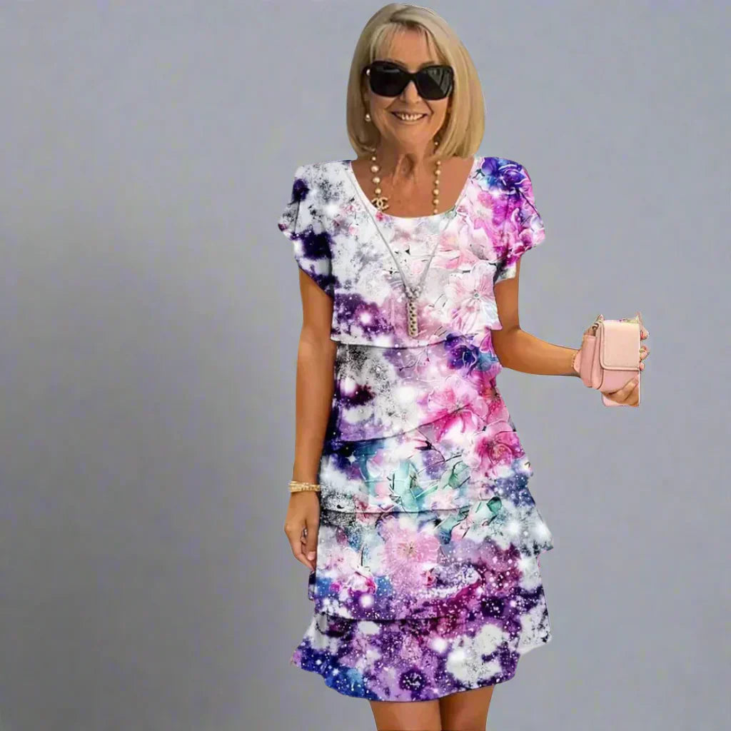 Sable - Round neck dress with floral print, ruffles and pleats