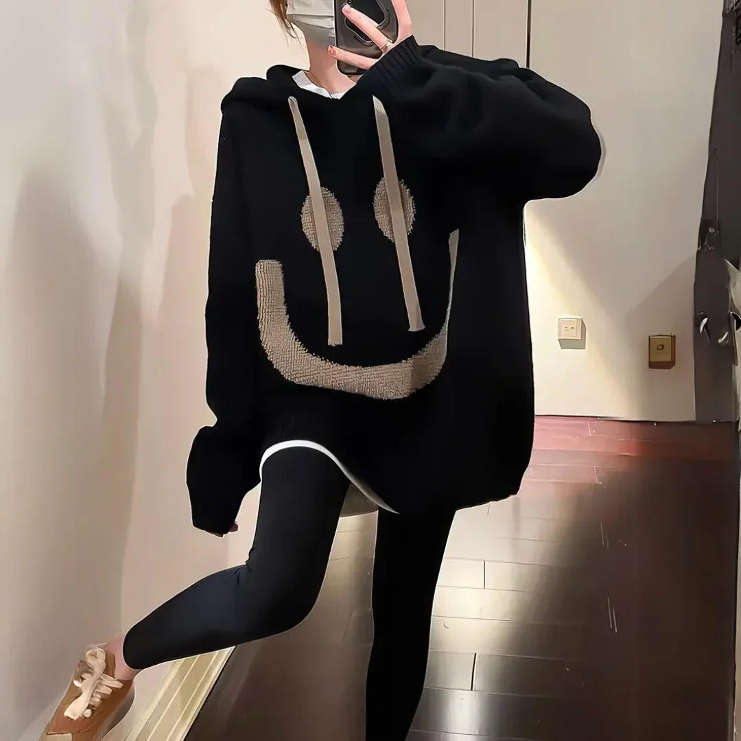 Women’s Hoodie – Oversized Fit – Knit Fabric – Graphic Smiley Face – Ribbed Cuffs