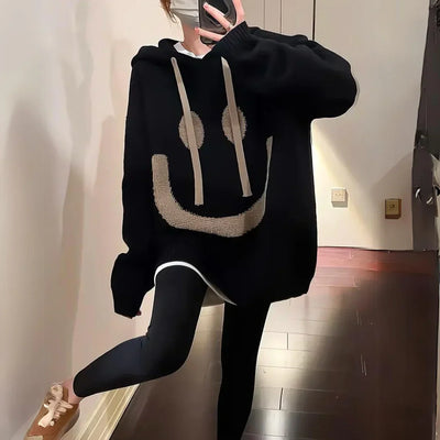 Women’s Hoodie – Oversized Fit – Knit Fabric – Graphic Smiley Face – Ribbed Cuffs
