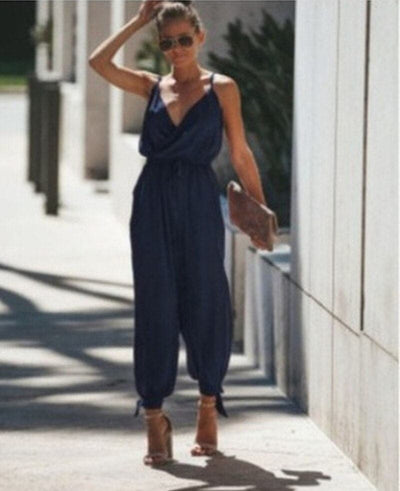 Women’s Jumpsuit – Relaxed Fit – Spaghetti Straps – High Slit – Cotton Blend – Printed