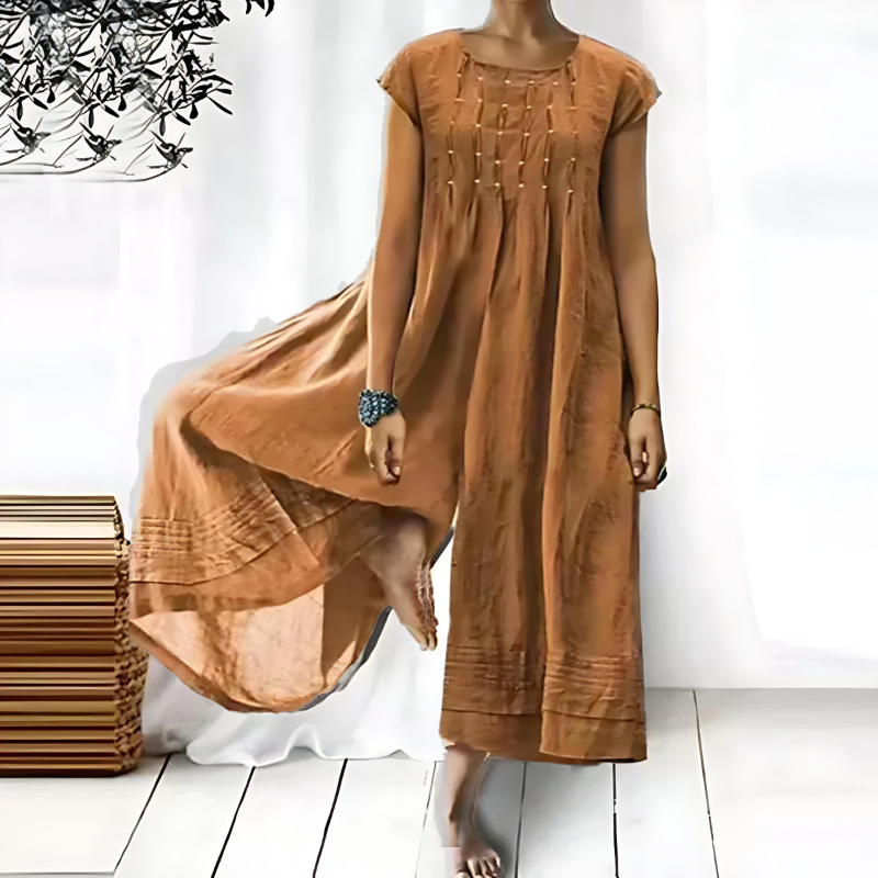 Women’s Jumpsuit – Relaxed Fit – Wide Leg – Cotton Blend – Short Sleeve – Pleated Neckline