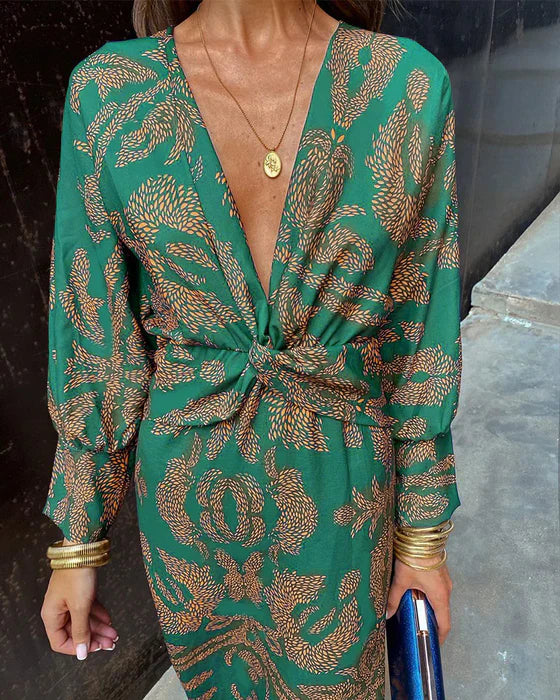 Avencea | Elegant Dress with V-Neck, Vintage Print and Long Sleeves