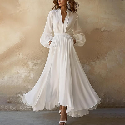 Andrea™ | Vintage Plain White V-Neck Maxi Dress
