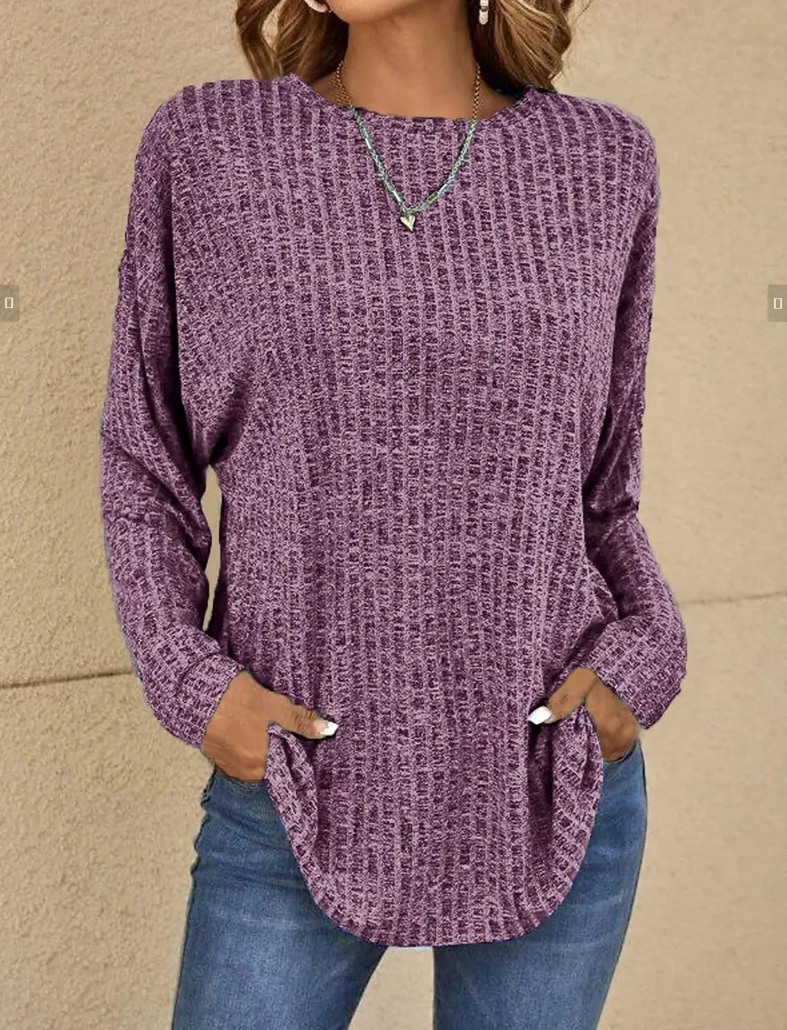 Women’s Pullover Sweatshirt – Relaxed Fit – Soft Knitted – Ribbed Texture – Long Sleeve