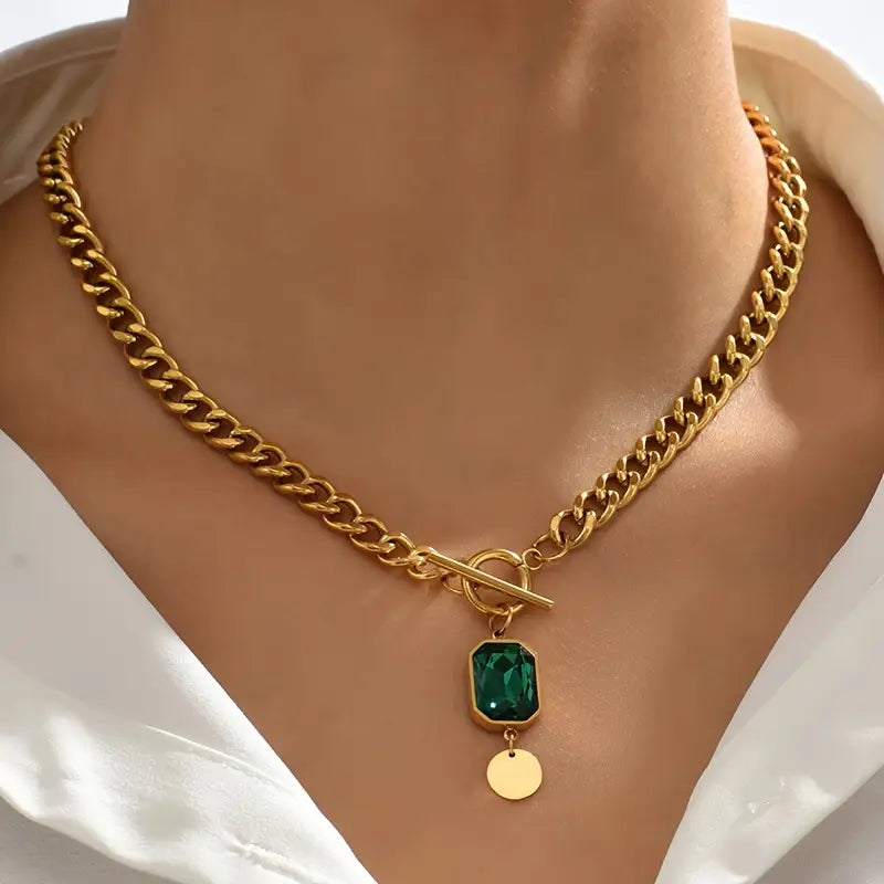 Chunky Chain Emerald Pendant Necklace | Gold 18k