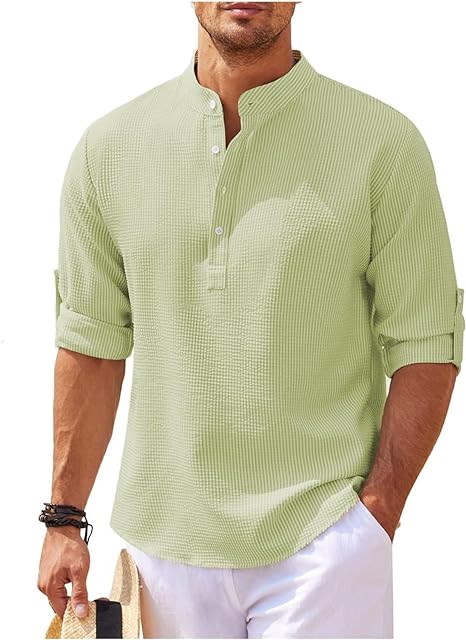 Men’s Casual Shirt – Relaxed Fit – Band Collar – Lightweight Cotton – Buttoned Cuffs