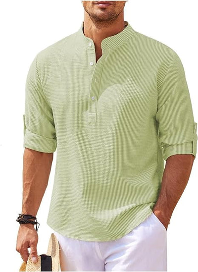 Men’s Casual Shirt – Relaxed Fit – Band Collar – Lightweight Cotton – Buttoned Cuffs