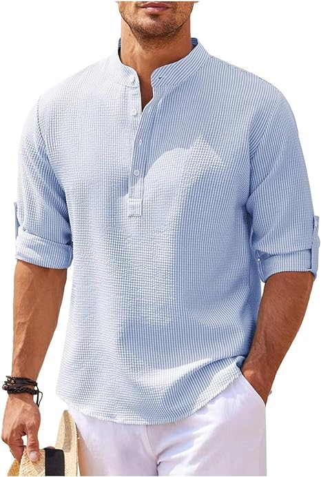 Men’s Casual Shirt – Relaxed Fit – Band Collar – Lightweight Cotton – Buttoned Cuffs