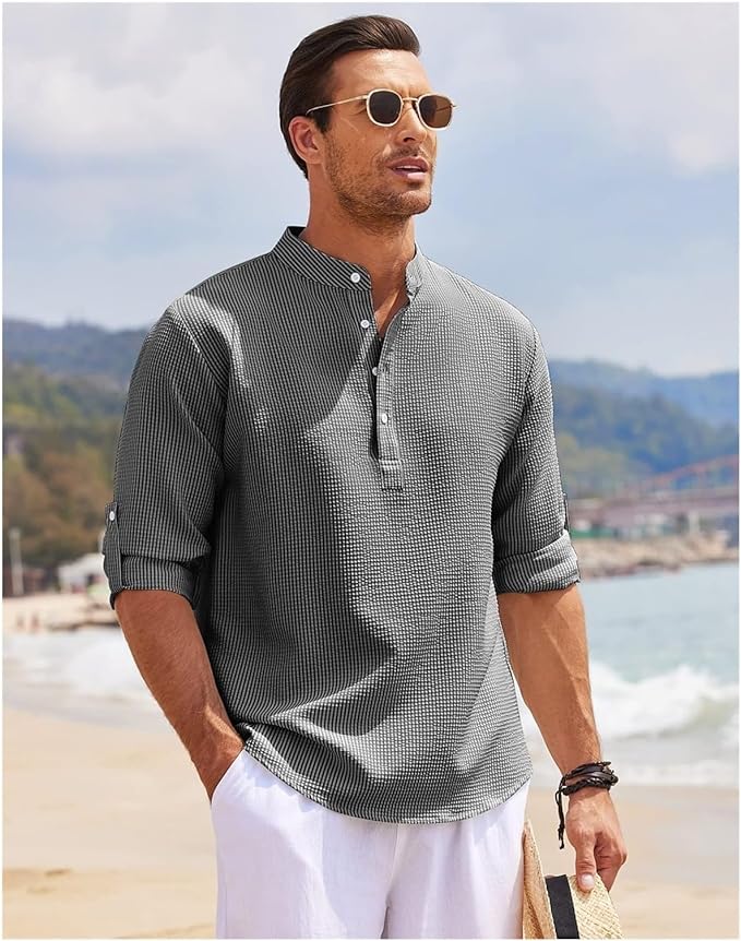 Men’s Casual Shirt – Relaxed Fit – Band Collar – Lightweight Cotton – Buttoned Cuffs