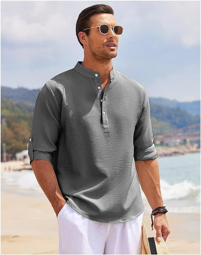 Men’s Casual Shirt – Relaxed Fit – Band Collar – Lightweight Cotton – Buttoned Cuffs