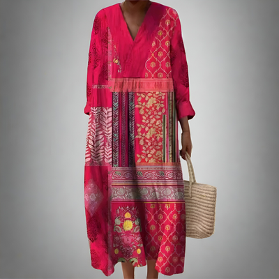 Melvara – Bohemian Patchwork Midi Dress for Women