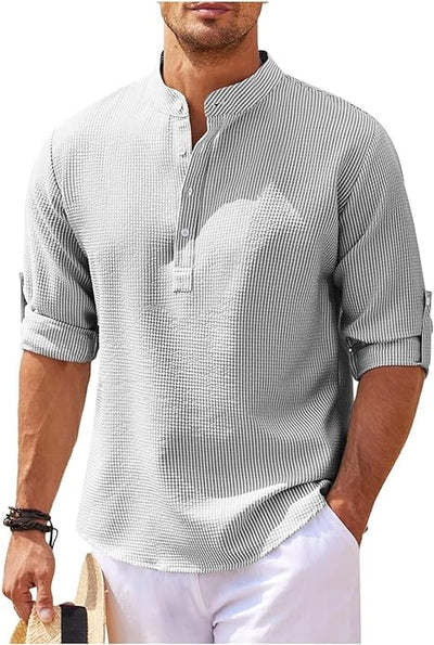 Men’s Casual Shirt – Relaxed Fit – Band Collar – Lightweight Cotton – Buttoned Cuffs