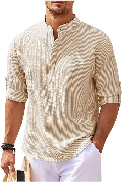 Men’s Casual Shirt – Relaxed Fit – Band Collar – Lightweight Cotton – Buttoned Cuffs