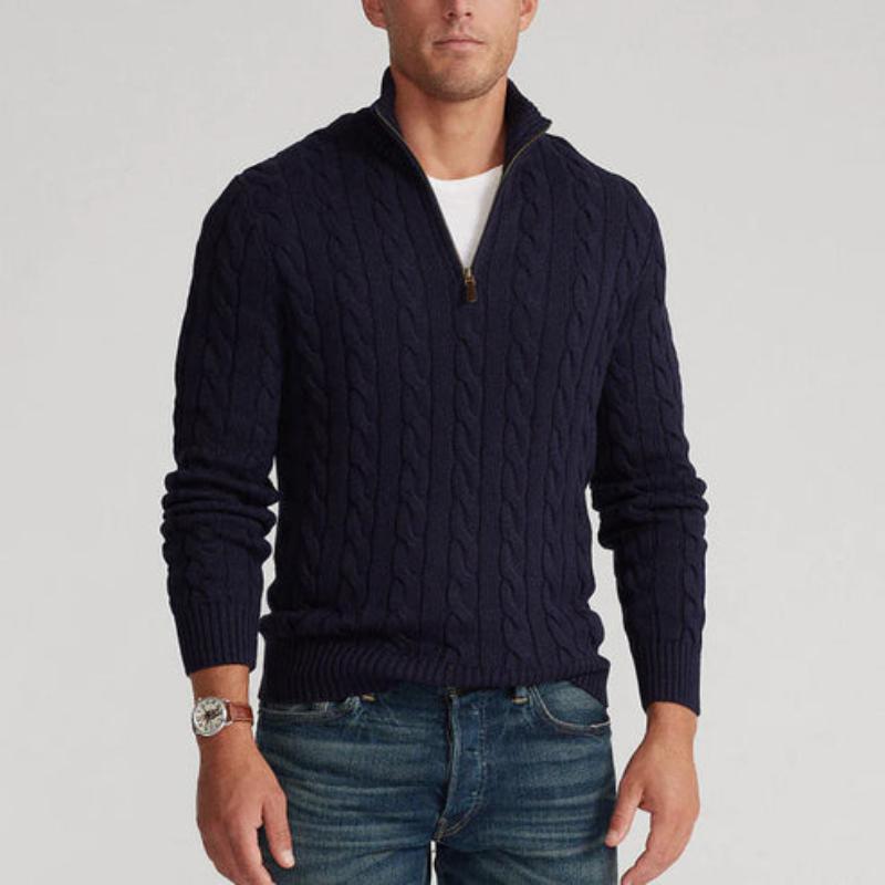 Men’s Half Zip Sweater – Cotton Blend – Cable Knit – Regular Fit – Ribbed Trim