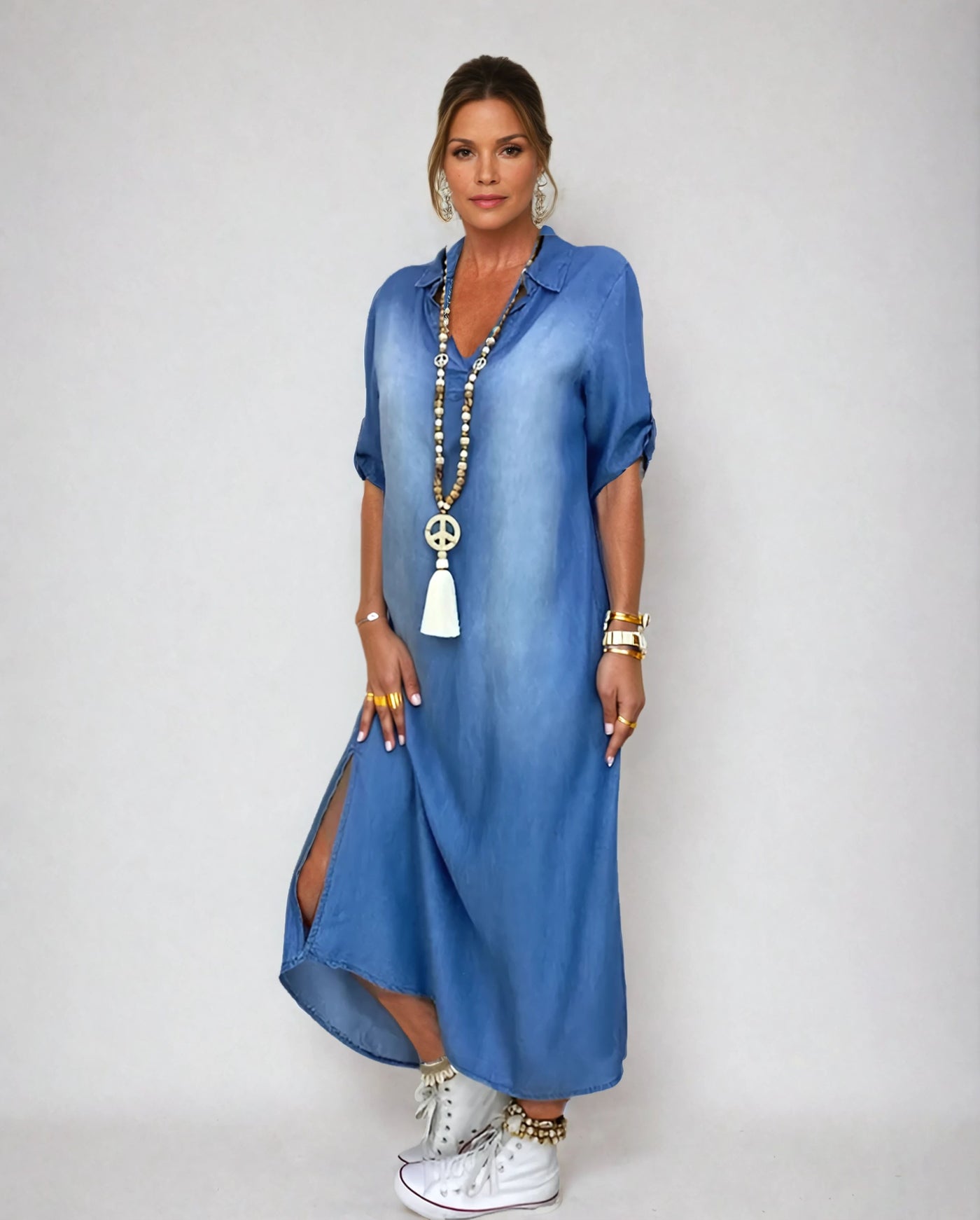 Lea | Long dress in denim look with side slit