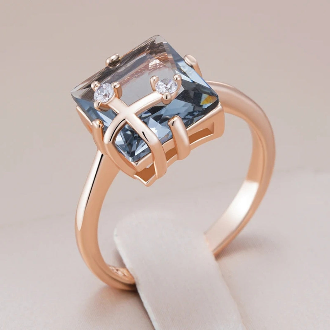 Elegant Blue Cubic Crystal Gold Ring