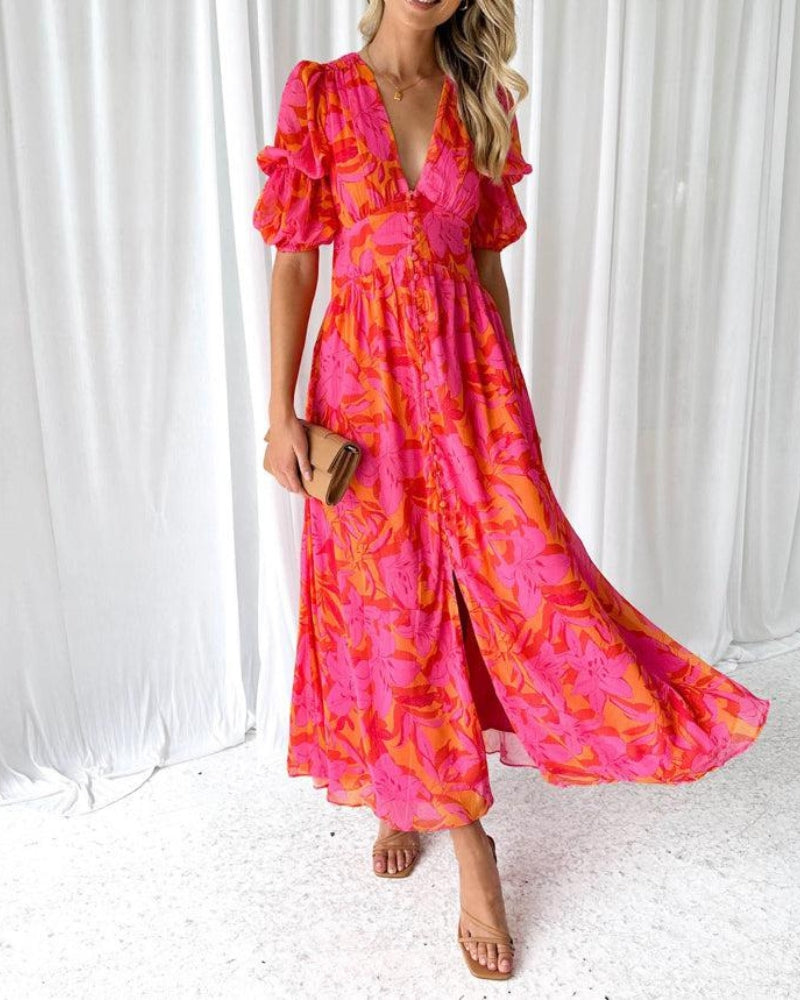 Clara | Elegant V-Neck Puff Sleeve Maxi Dress