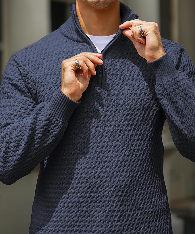 Men’s Half Zip Sweater – Tailored Fit – Textured Knit – Ribbed Collar & Cuffs