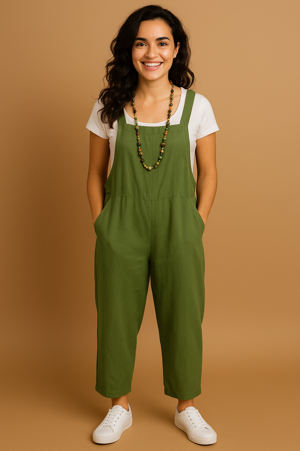 Women’s Jumpsuit – Relaxed Fit – Wide Leg – Adjustable Straps – Cotton Blend – Pockets