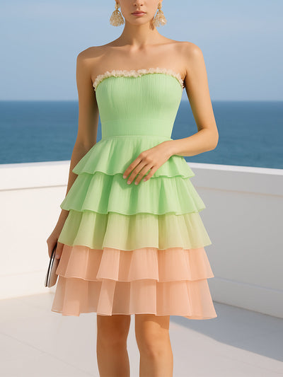 Playful Strapless Tiered Dress In Pastels
