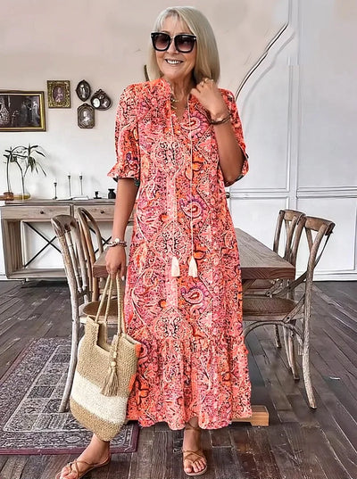 Carolette - Boho Drawstring Neck Maxi Dress