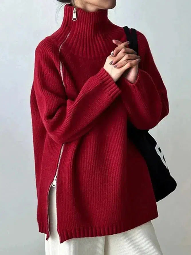 Avencea | Solid Red Sweater with High Neck