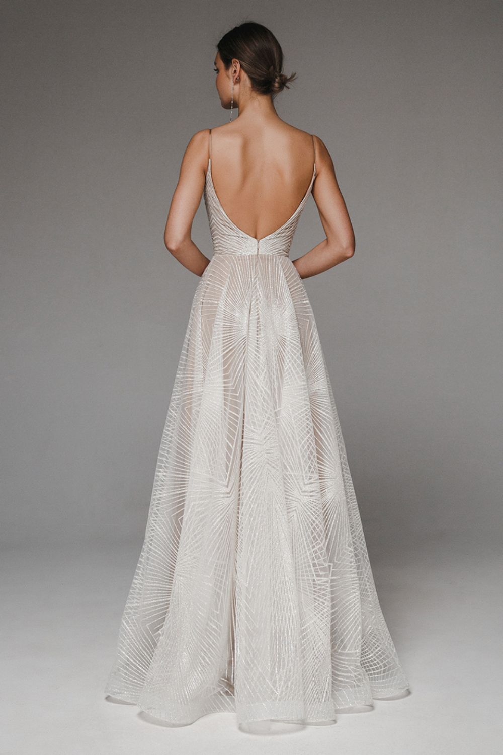 Women’s Evening Dress – A-Line Fit – Chiffon Sheer Overlay – Geometric Design – Spaghetti Straps