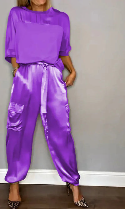 Avencea - Smooth Satin Half-Sleeve Top and Pants Set