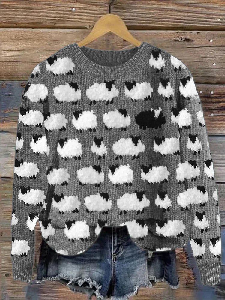 Women’s Pullover Sweatshirt – Relaxed Fit – Wool Knit – Crew Neck – Sheep Print – Ribbed Trim