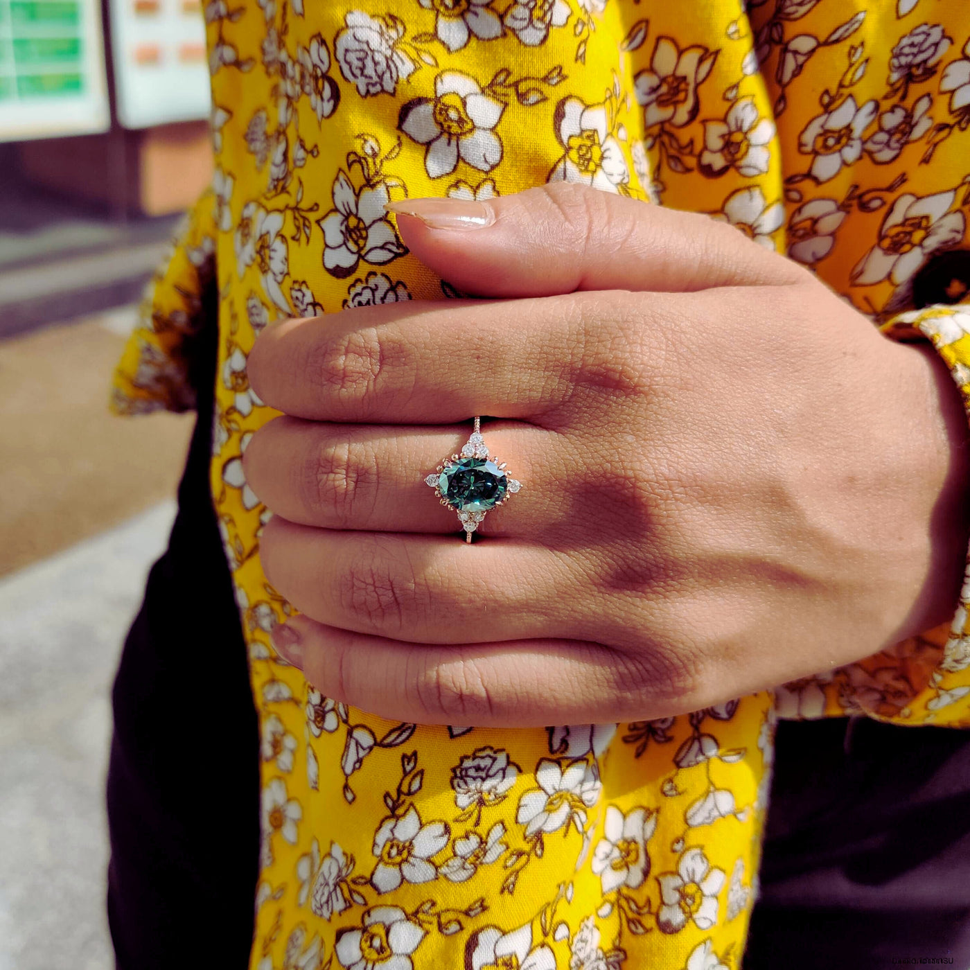 Green Oval Moissanite Silver Engagement Ring