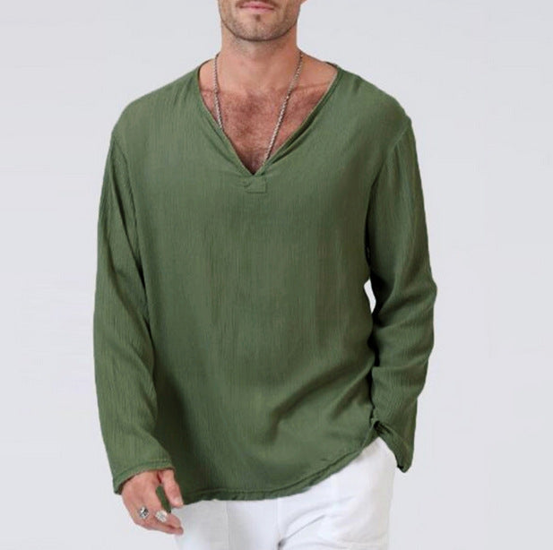 Men’s T-Shirt – Cotton Linen Blend – Relaxed Fit – V-Neck – Long Sleeve Casual Wear