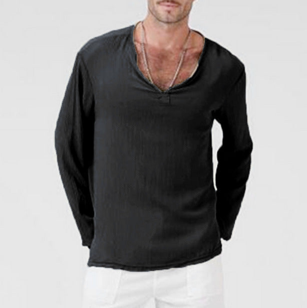 Men’s T-Shirt – Cotton Linen Blend – Relaxed Fit – V-Neck – Long Sleeve Casual Wear