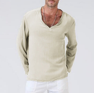Men’s T-Shirt – Cotton Linen Blend – Relaxed Fit – V-Neck – Long Sleeve Casual Wear